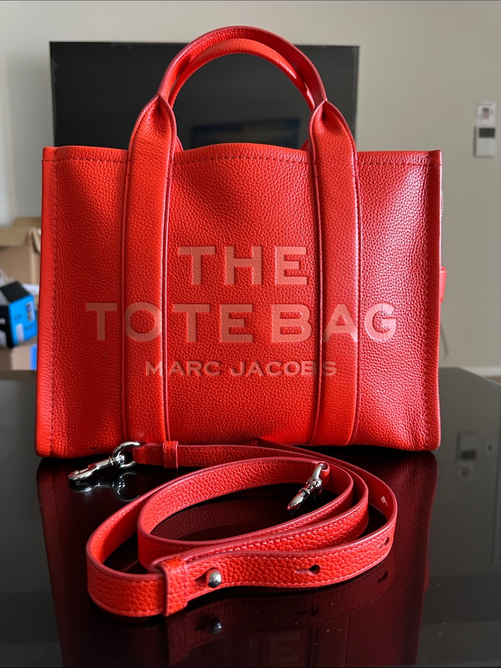 Used Marc Jacobs Red Pebbled Leather Tote Bag with Detachable Strap
